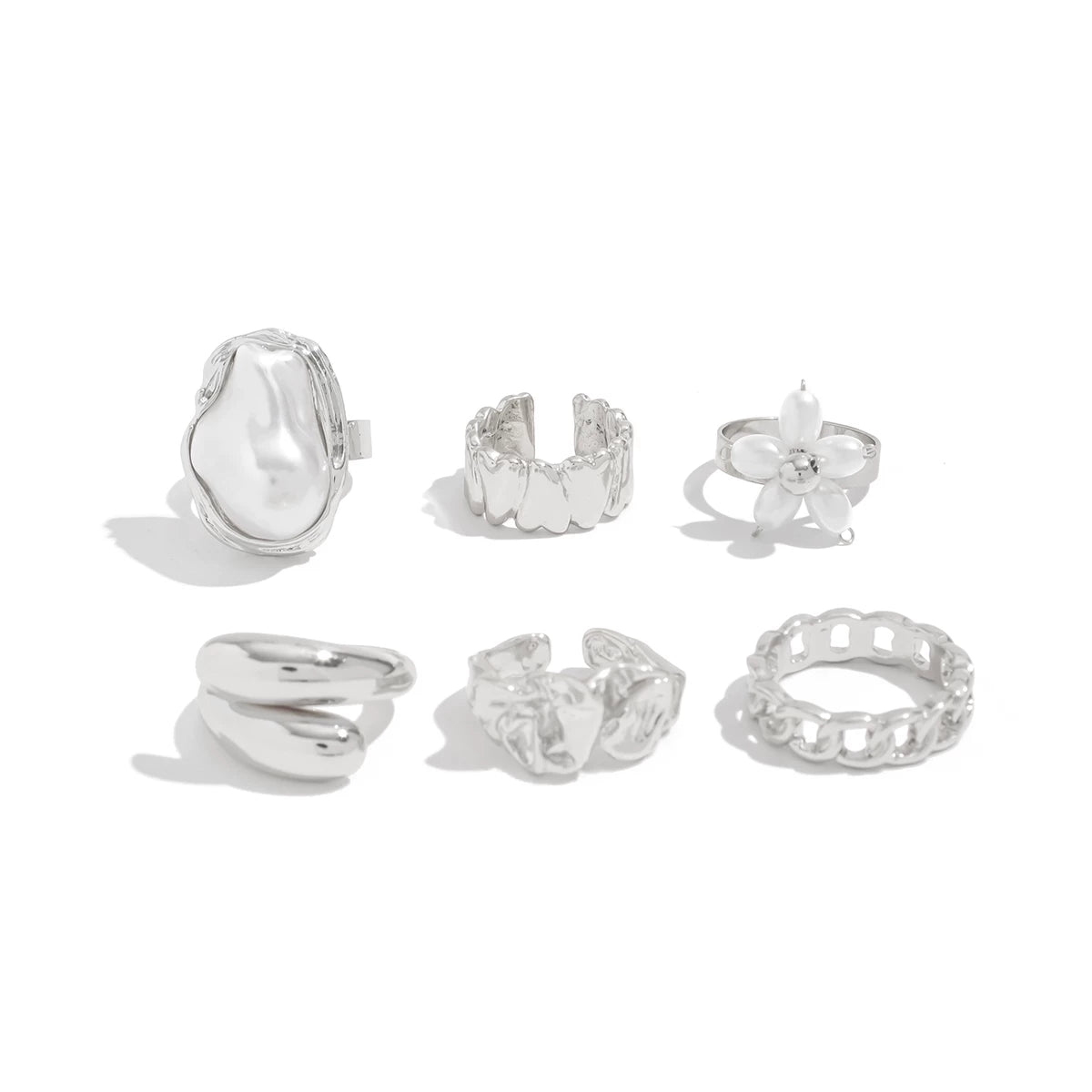 6-Piece Imitation Pearl Flower Ring Set European And American Summer Trendy Personalized Hip-Hop Internet Celebrity Temperament Ring Set
