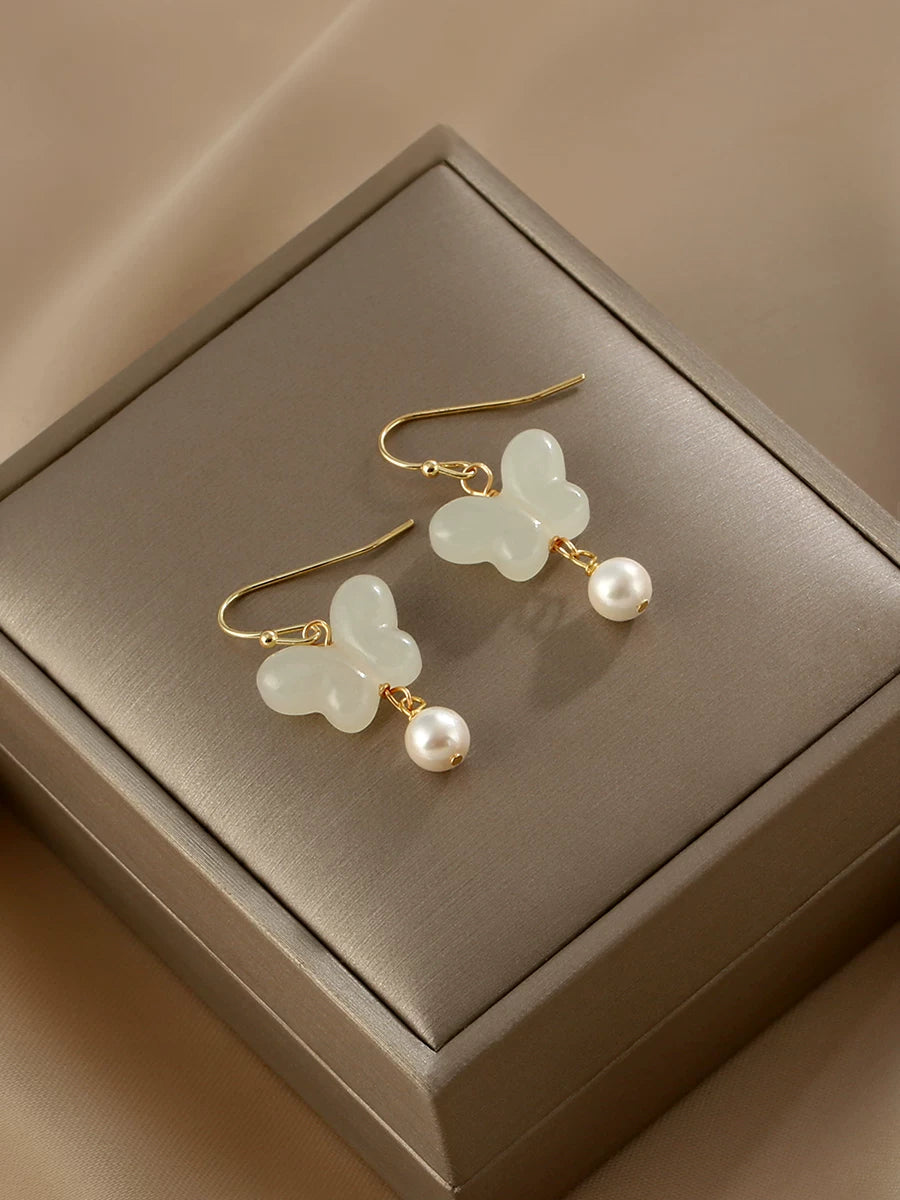 Natural Pearl Butterfly Field Jade Ear Hook Earrings for Women – 925 Silver Needle Summer Style Earrings