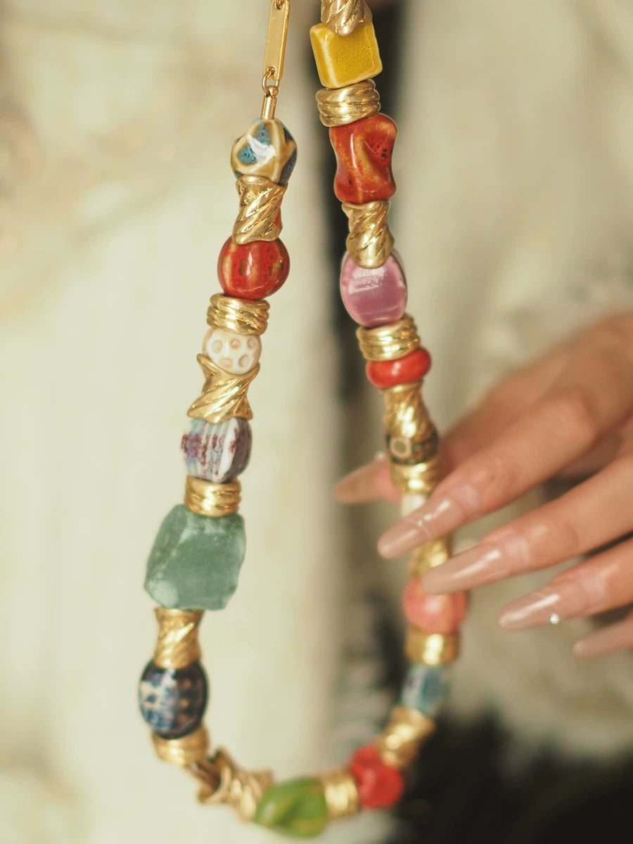 Mid-Century Style Ceramic & Glass Spliced Necklace for Women – Retro Vintage Multicolor Bead Statement Fashion Jewelry