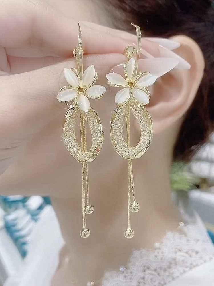 Cat Eye Petal Long Earrings for Women – Double Band Design S925 Silver Needle Drop Earrings