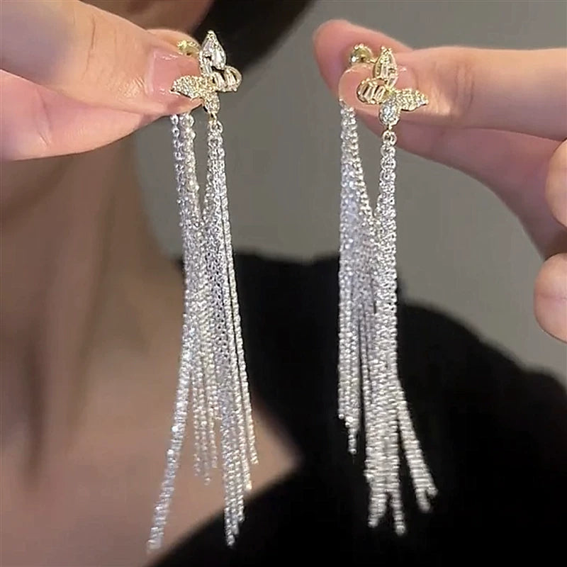 Butterfly Galaxy Tassel Earrings for Women – Silver Needle Long Drop Earrings, Lightweight Fashion Jewelry