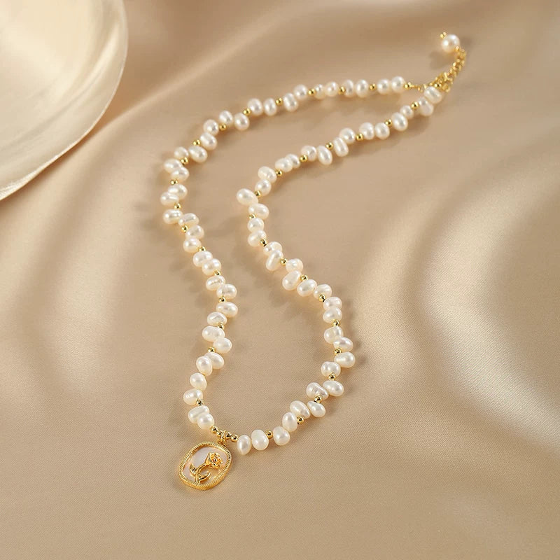 Rose Mirror, Geometric Pendant, Gypsophila, Natural Pearl Necklace, Light Luxury Niche Design, Fairy Temperament Clavicle Chain