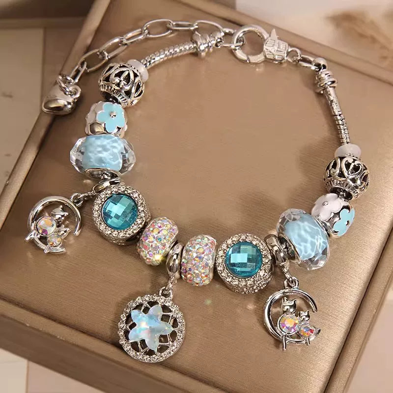 French-Style Blue Glass Bead Five-Pointed Star Bracelet for Women – Minimalist Retro Fashion Charm Jewelry