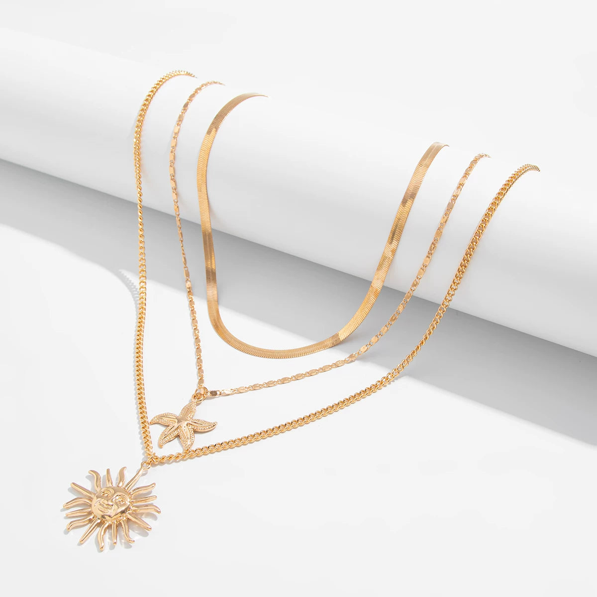 3-Piece Sunflower & Starfish Necklace Set – Layered Clavicle Chain Design