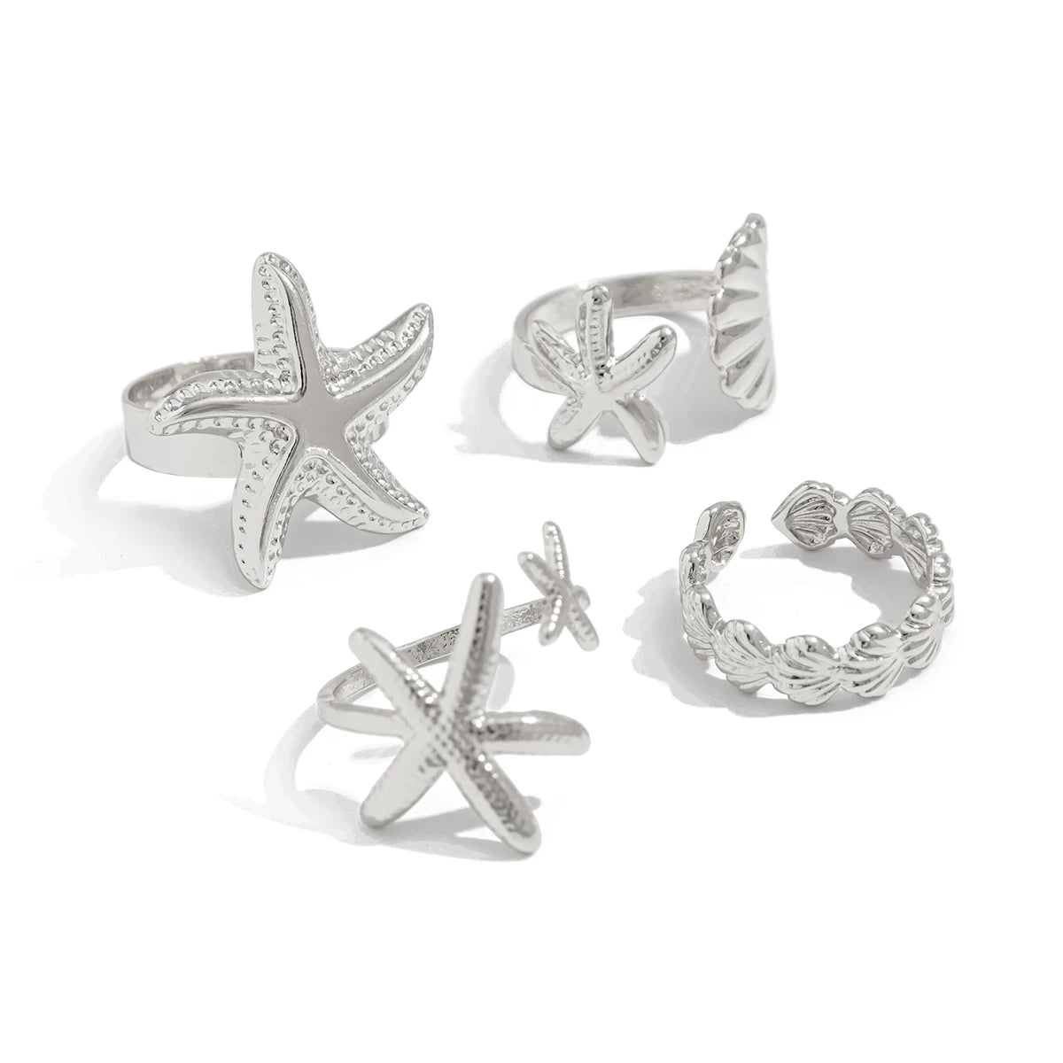 4-Piece Starfish Scallop Ring Set, European And American Summer Trendy Design, Fashionable Seaside Travel And Vacation Matching Accessories