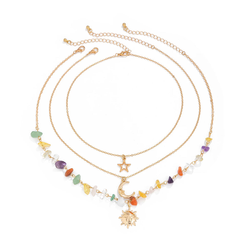 3-Piece Sunflower Moon & Butterfly Imitation Turquoise Necklace Set – Retro Layered Clavicle Chain
