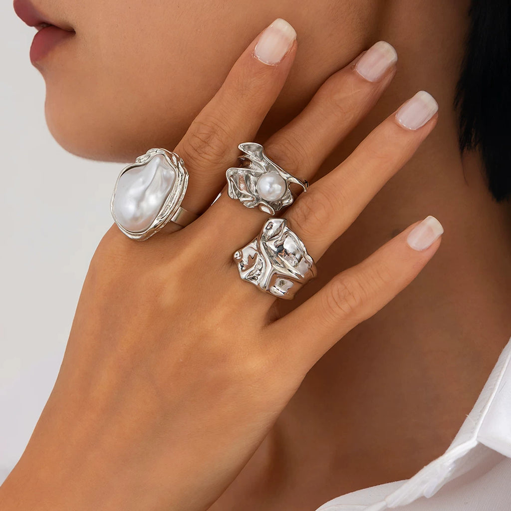 3-Piece Baroque Imitation Pearl Irregular Ring Set European And American Personalized Fashion Niche Design Ring Set