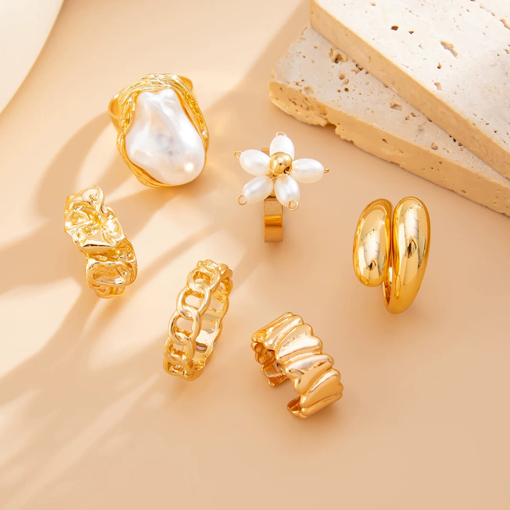 6-Piece Imitation Pearl Flower Ring Set European And American Summer Trendy Personalized Hip-Hop Internet Celebrity Temperament Ring Set