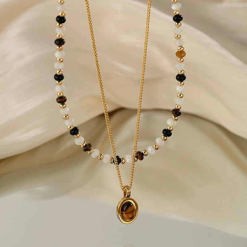 Double Layer Mother-of-Pearl Necklace for Women – Tiger Eye Stone Pendant Agate Clavicle Chain