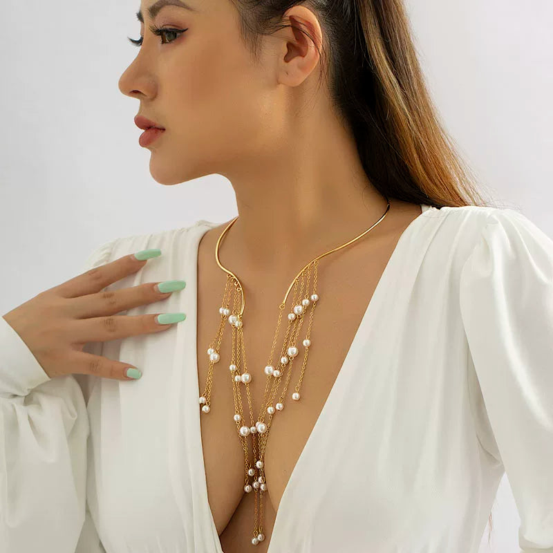 Tassel Imitation Pearl Waterfall Choker Necklace for Women – Clavicle Chain Design