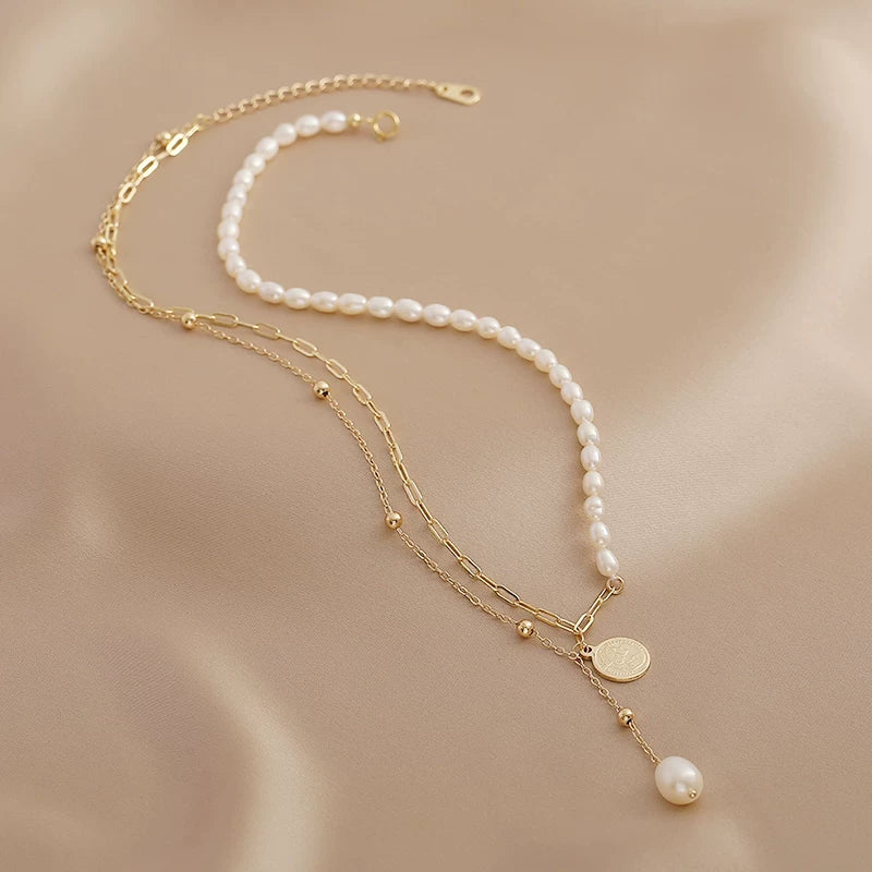 Antique Natural Freshwater Pearl Necklace For Women Niche Design Double Layer Stacked Tassel Neck Chain Clavicle Chain