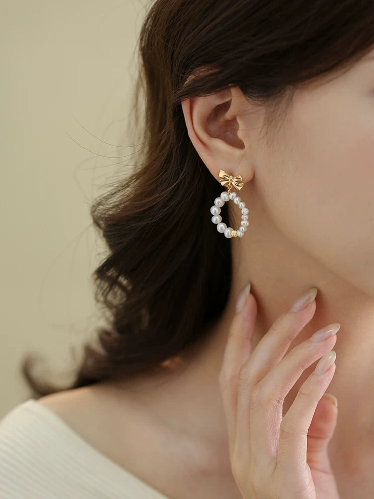 Small Bow Natural Pearl Stud Earrings for Women – S925 Silver Needle Minimalist Earrings