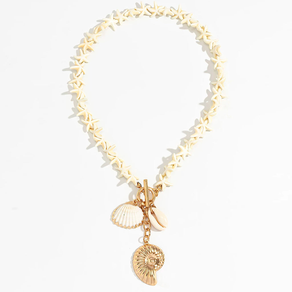 Starfish Shell OT Buckle Cross Necklace for Women – European & American Summer Beach Vacation Fashion Jewelry Travel Accessories