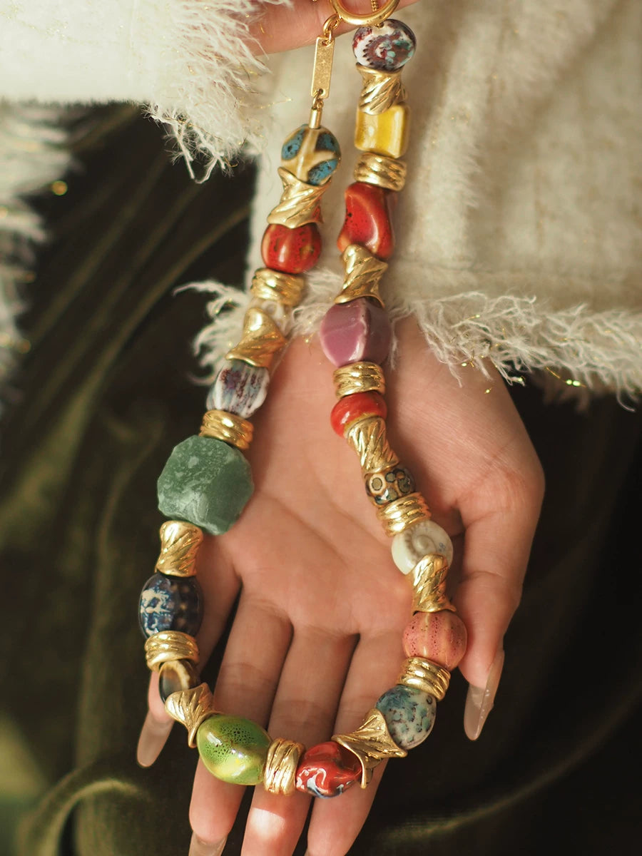 Mid-Century Style Ceramic & Glass Spliced Necklace for Women – Retro Vintage Multicolor Bead Statement Fashion Jewelry