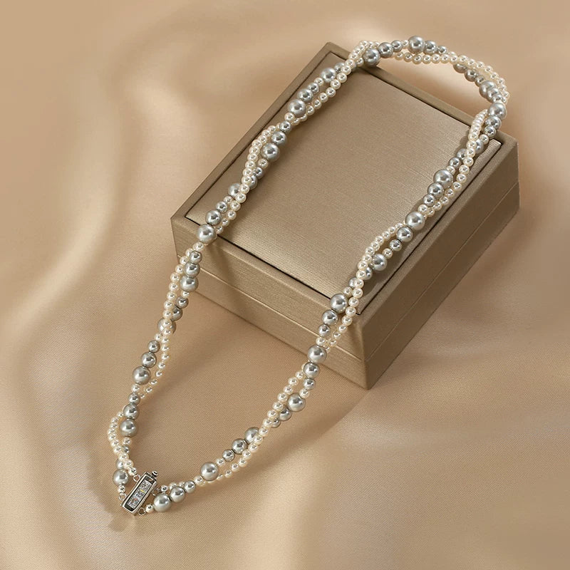 Multi-Color Pearl Double Layer Choker Necklace for Women – Stacked Clavicle Chain