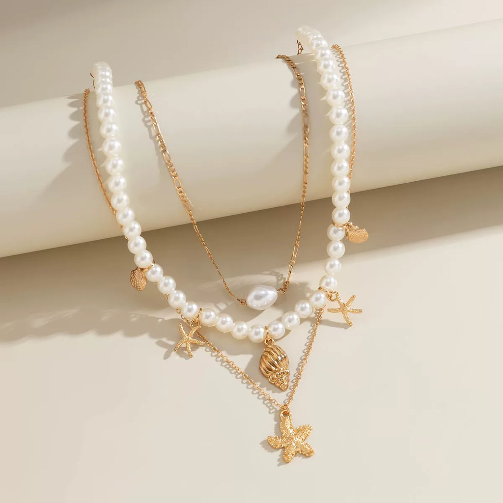 3-Piece Starfish Shell Imitation Pearl Necklace Set for Women – European & American Seaside Vacation Fashion Jewelry Accessories
