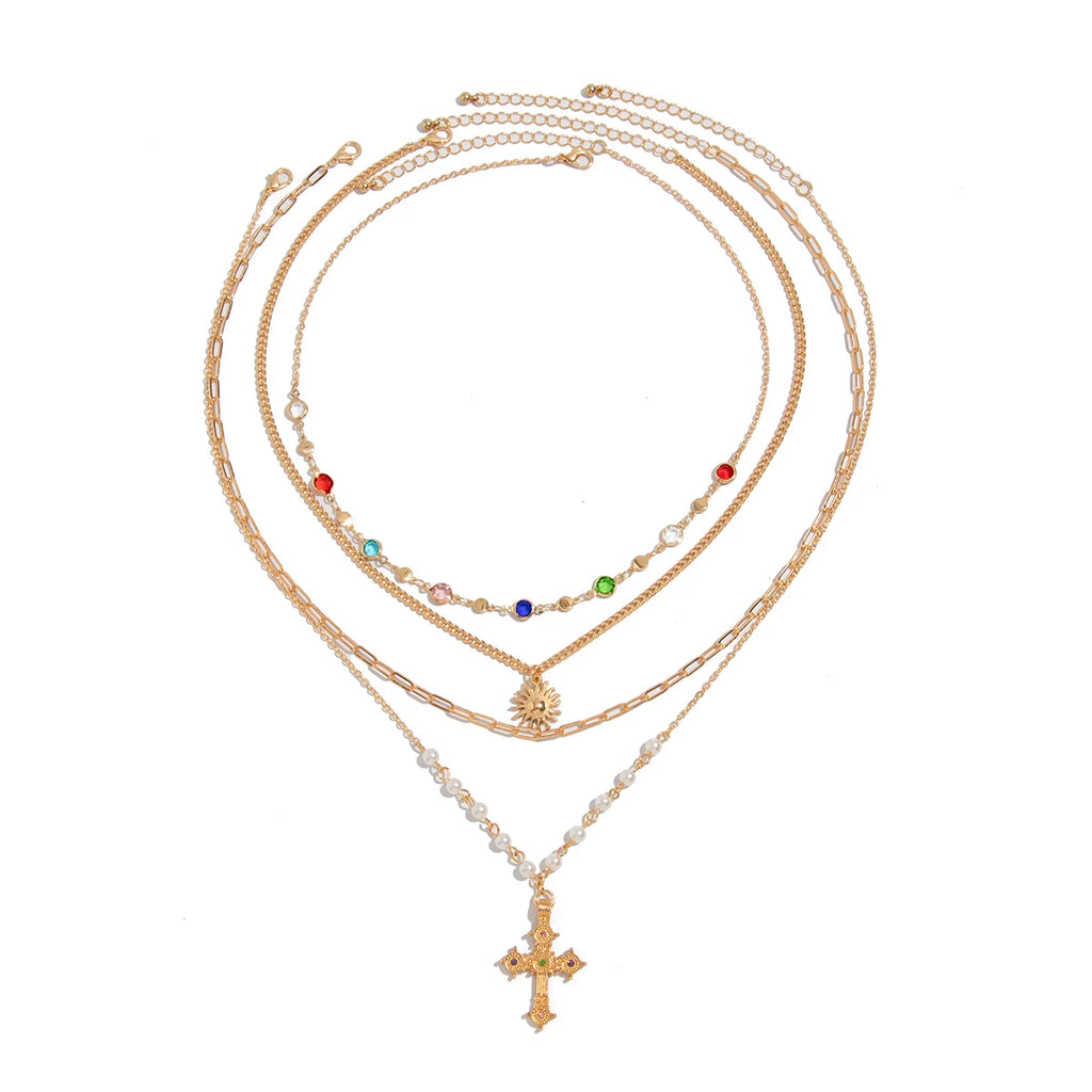 4-Piece Cross Crystal Chain Necklace Set – Layered Clavicle Chain Design