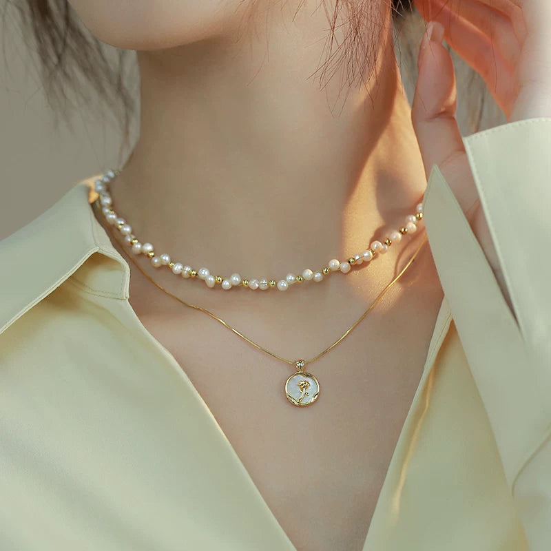 Baroque Pearl Double Layer Braided Necklace for Women – Rose Flower Pendant Clavicle Chain