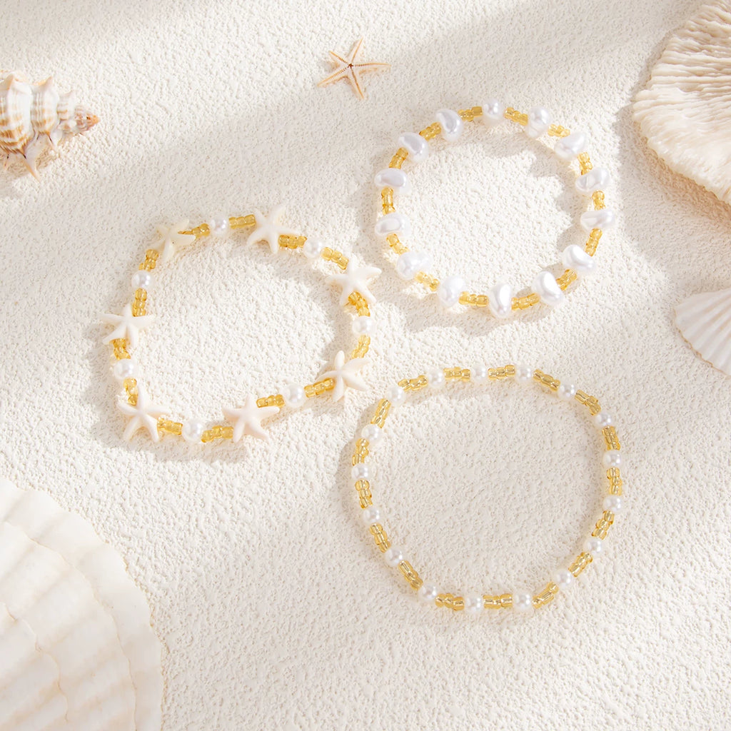 3-Piece Starfish, Rice Bead & Imitation Pearl Bracelet Set for Women – Summer Trendy Seaside Vacation Fashion Accessories
