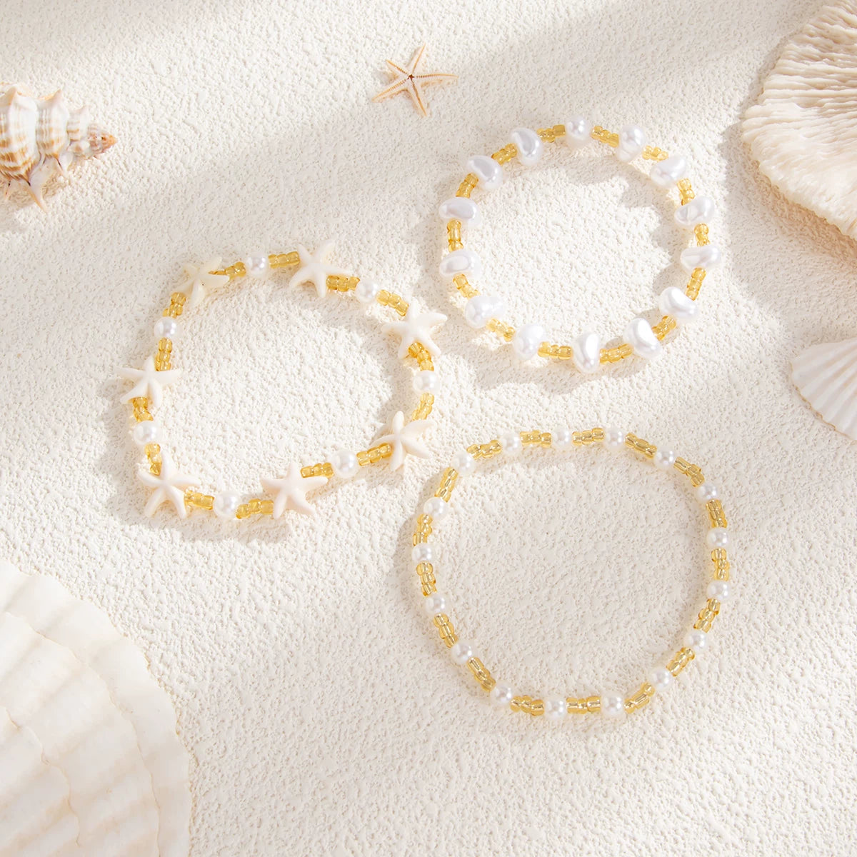 3-Piece Starfish, Rice Bead & Imitation Pearl Bracelet Set for Women – Summer Trendy Seaside Vacation Fashion Accessories