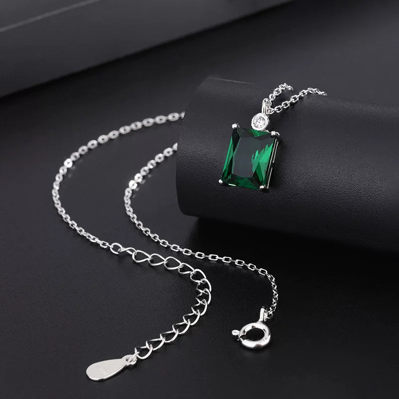 Sterling Silver Square Green Zircon Necklace for Women – Vintage Style Clavicle Chain