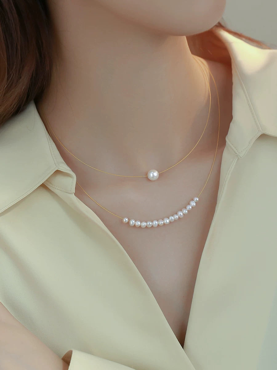 Natural Pearl Layered Clavicle Necklace for Women – 14K Gold-Filled Chain Necklace