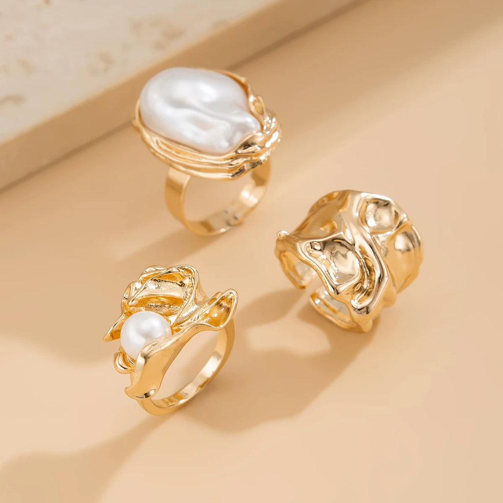 3-Piece Baroque Imitation Pearl Irregular Ring Set European And American Personalized Fashion Niche Design Ring Set