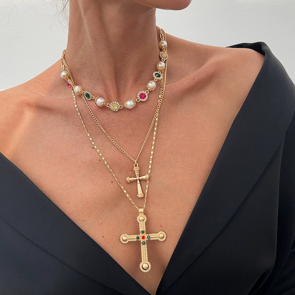 3-Piece Diamond-Style Cross Necklace Set for Women – Layered Clavicle Chain Design