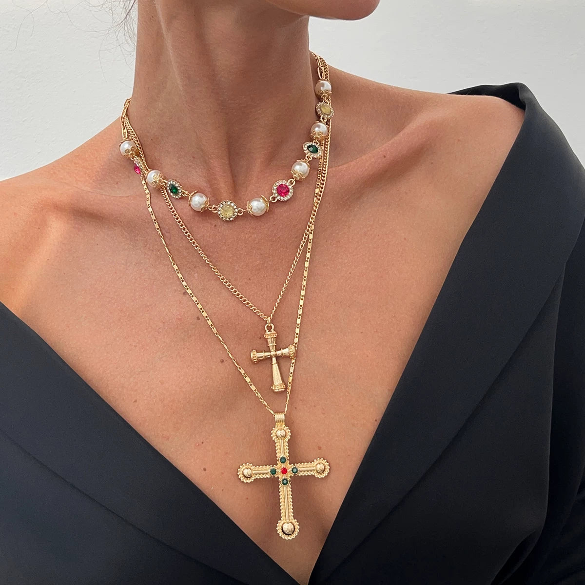 3-Piece Diamond-Style Cross Necklace Set for Women – Layered Clavicle Chain Design