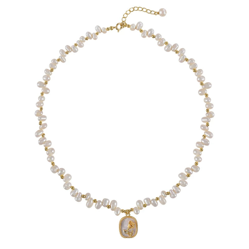 Rose Mirror, Geometric Pendant, Gypsophila, Natural Pearl Necklace, Light Luxury Niche Design, Fairy Temperament Clavicle Chain