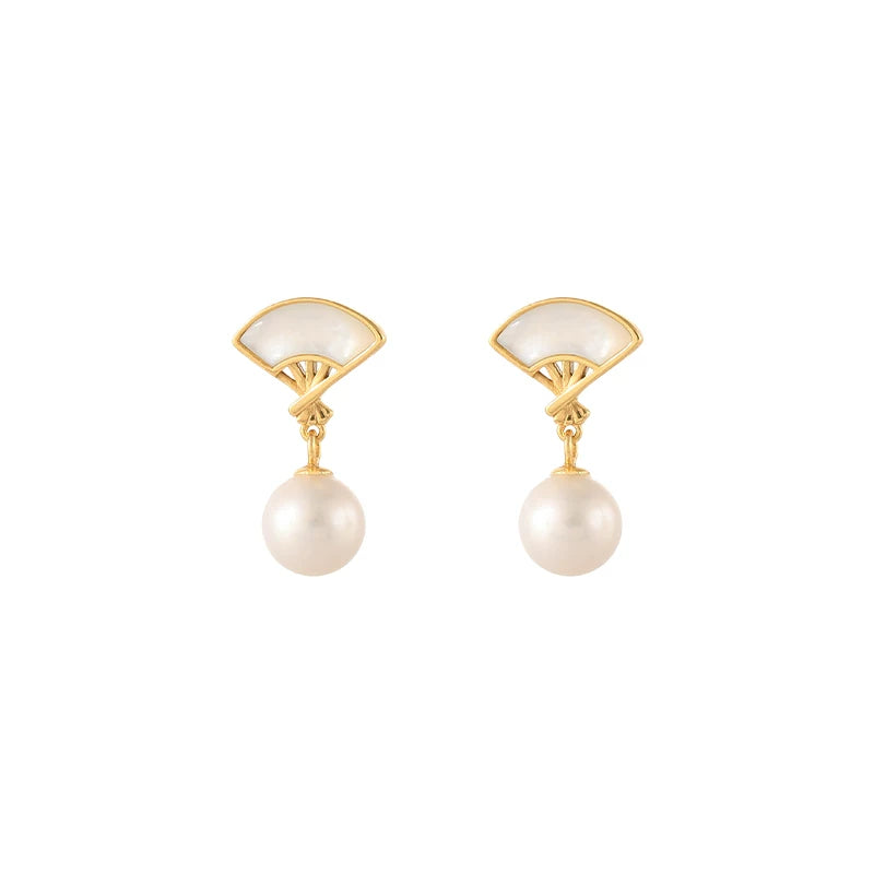 Natural Freshwater Pearl Fan-Shaped Mother-of-Pearl Earrings for Women – Jade Accent Fashion Earrings