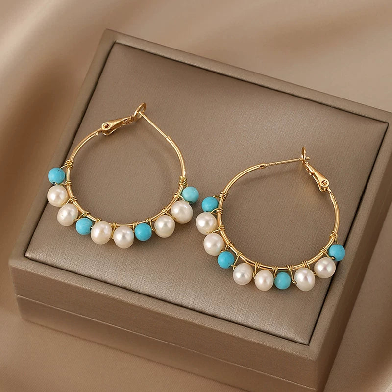 Natural Pearl Hand-Wrapped Turquoise Hoop Earrings for Women – Chinese Style Beaded Round Earrings