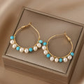 Natural Pearl Hand-Wrapped Turquoise Hoop Earrings for Women – Chinese Style Beaded Round Earrings