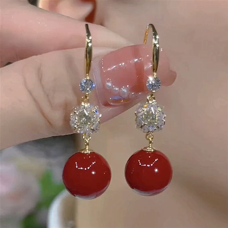 Antique Red Pearl Earrings for Women – Vintage Style Fashion Earrings, Autumn Winter Accessory