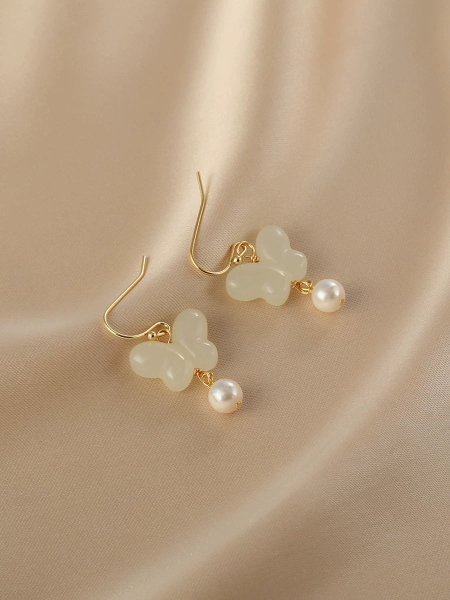Natural Pearl Butterfly Field Jade Ear Hook Earrings for Women – 925 Silver Needle Summer Style Earrings