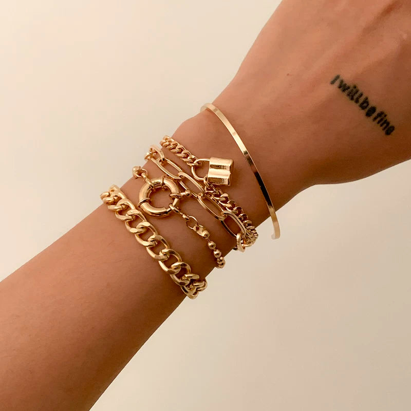 5-Piece Cross & Lock Chain Bracelet Set – European & American Hip Hop Style Stacking Bracelets, Unisex Fashion Jewelry