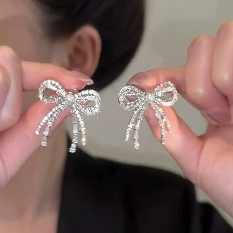 Zircon Bow Earrings for Women – S925 Silver Needle Drop Earrings, Elegant Fashion Jewelry