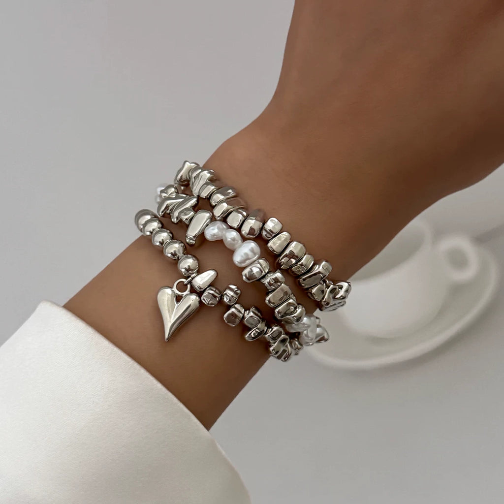 3-Piece Heart-Shaped CCB Bracelet Set for Women – European & American Trendy Influencer-Inspired Niche Fashion Jewelry