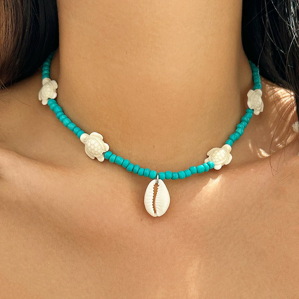 Antique Starfish & Turtle Shell Pendant Rice Bead Necklace for Women – Clavicle Chain Design