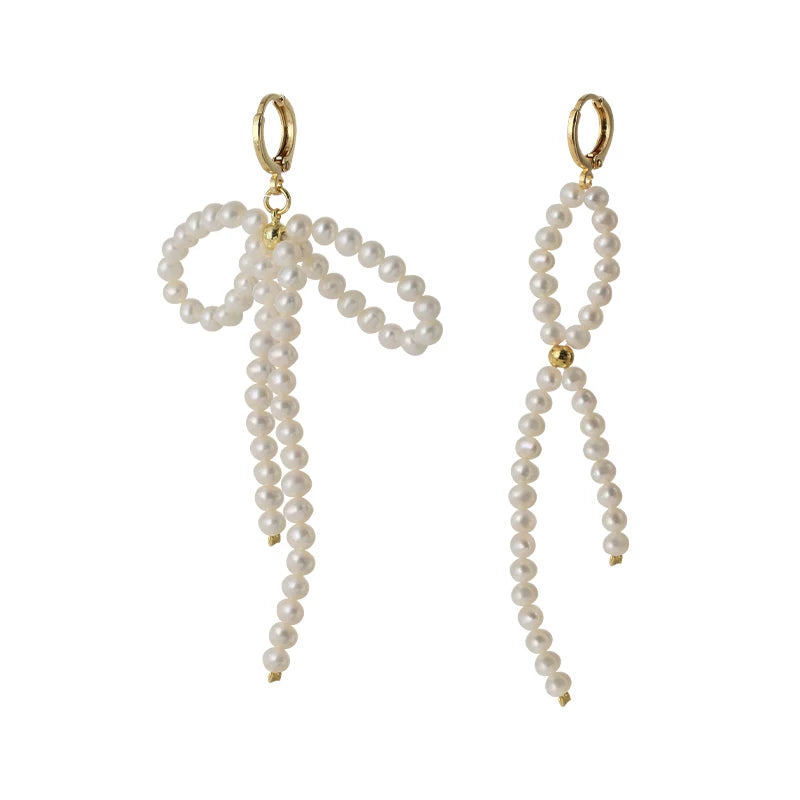 Natural Pearl Asymmetrical Bow Tassel Hoop Earrings for Women – Long Drop Fashion Earrings