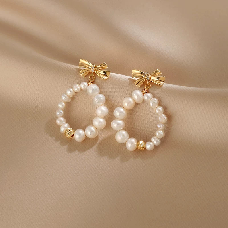 Small Bow Natural Pearl Stud Earrings for Women – S925 Silver Needle Minimalist Earrings