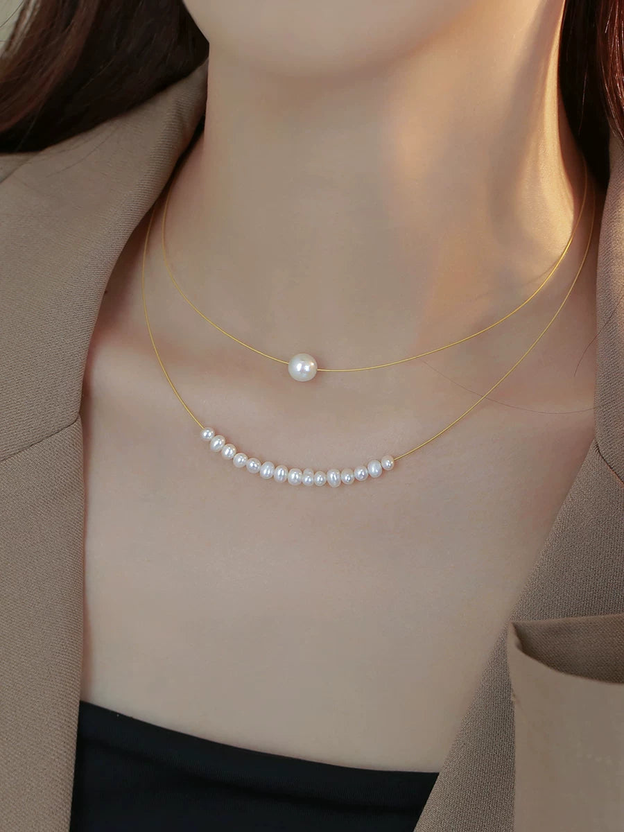 Natural Pearl Layered Clavicle Necklace for Women – 14K Gold-Filled Chain Necklace