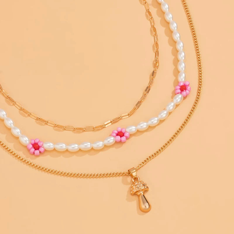 Oval Pearl Flower Rice Bead Necklace Set for Women – Mushroom Pendant Clavicle Chain Design