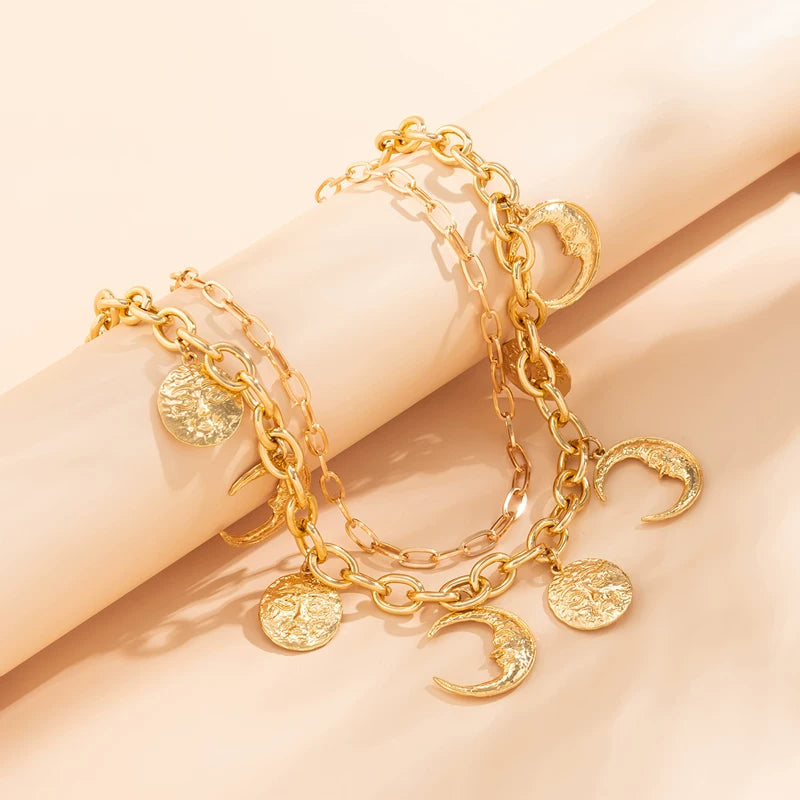 2-Piece Face & Crescent Cross Necklace Set for Women – European & American Summer Fashion