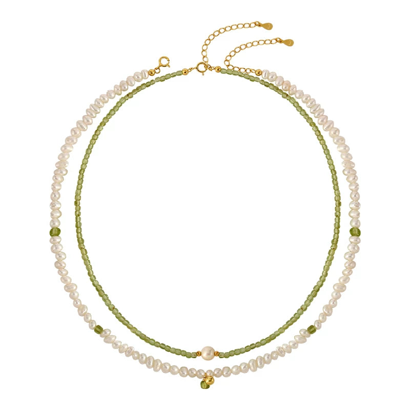Natural Peridot and Freshwater Pearl Double Layer Clavicle Necklace for Women – Layered Stone and Pearl Necklace
