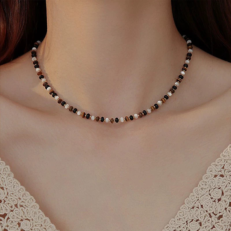 Natural Tiger Eye Stone Colorful Beaded Necklace for Women – Vintage Style Fashion Necklace