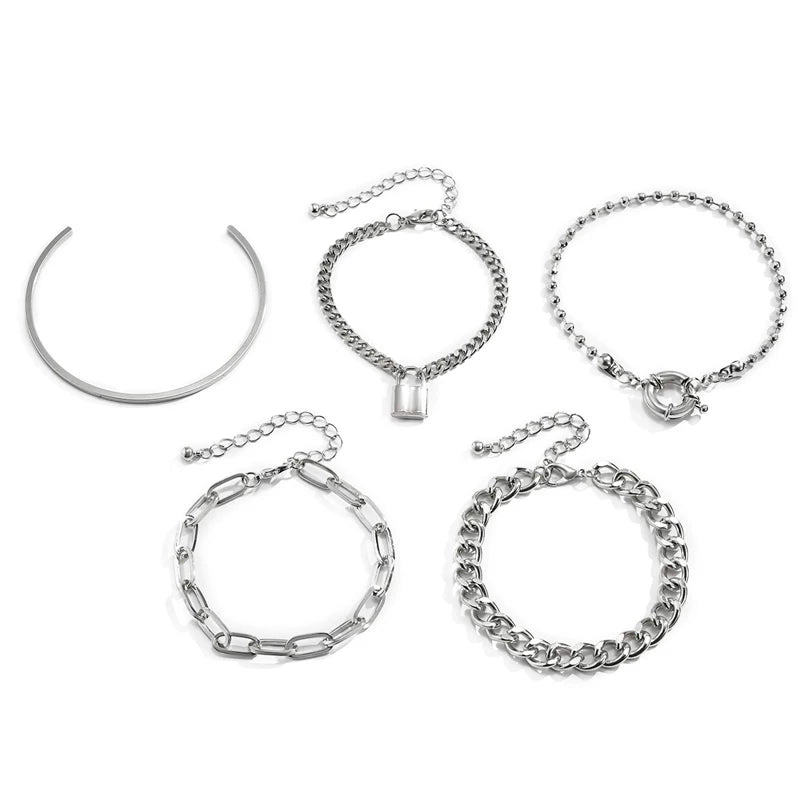5-Piece Cross & Lock Chain Bracelet Set – European & American Hip Hop Style Stacking Bracelets, Unisex Fashion Jewelry