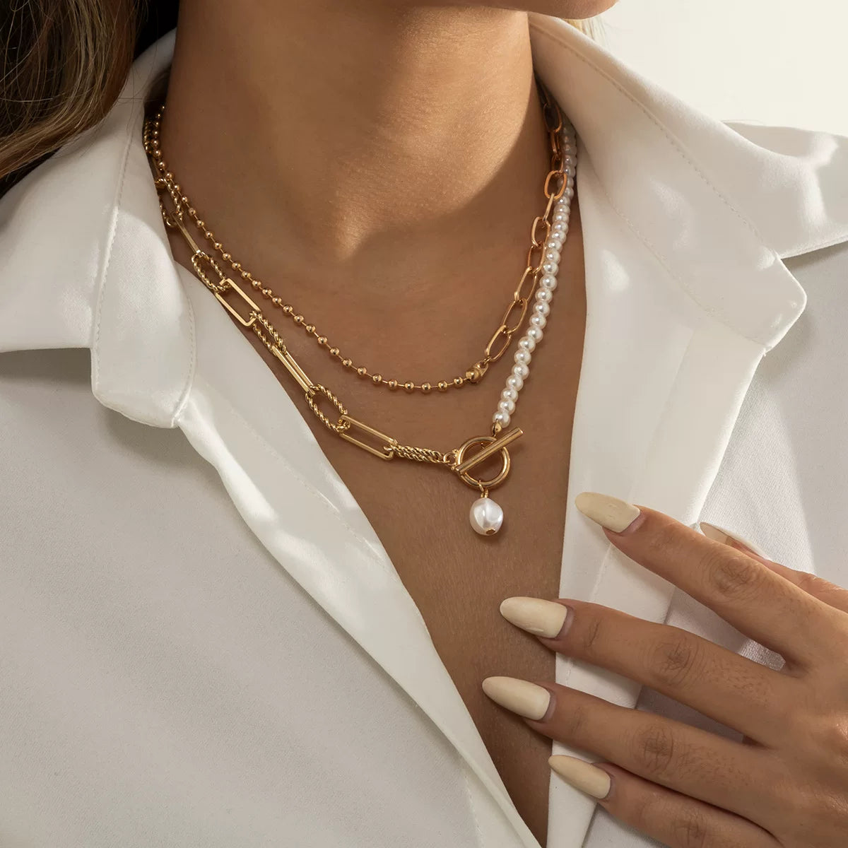 Love V Double Chain Necklace for Women – European & American Trendy OT Buckle Clavicle Chain, Retro Imitation Pearl Layered Jewelry