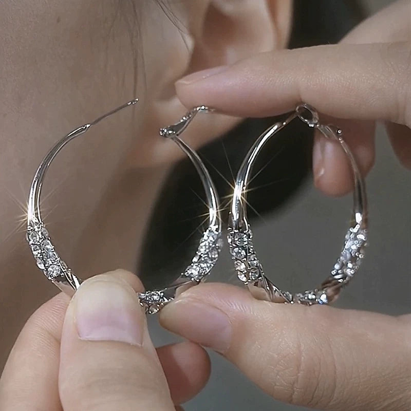 Silver Zircon Large Hoop Earrings for Women – S925 Silver Needle Statement Round Earrings