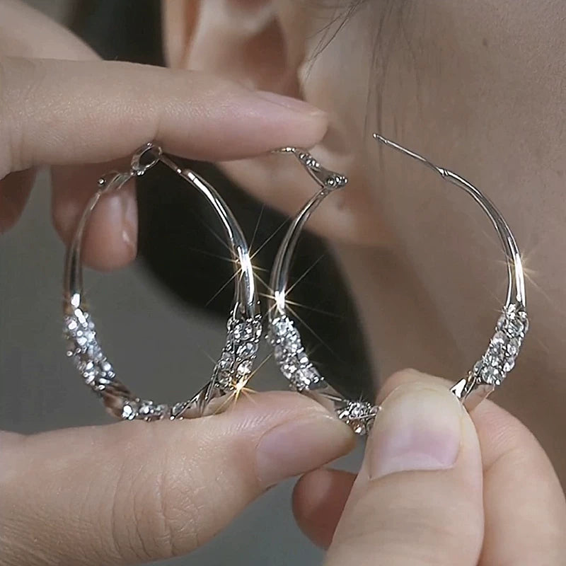Silver Zircon Large Hoop Earrings for Women – S925 Silver Needle Statement Round Earrings